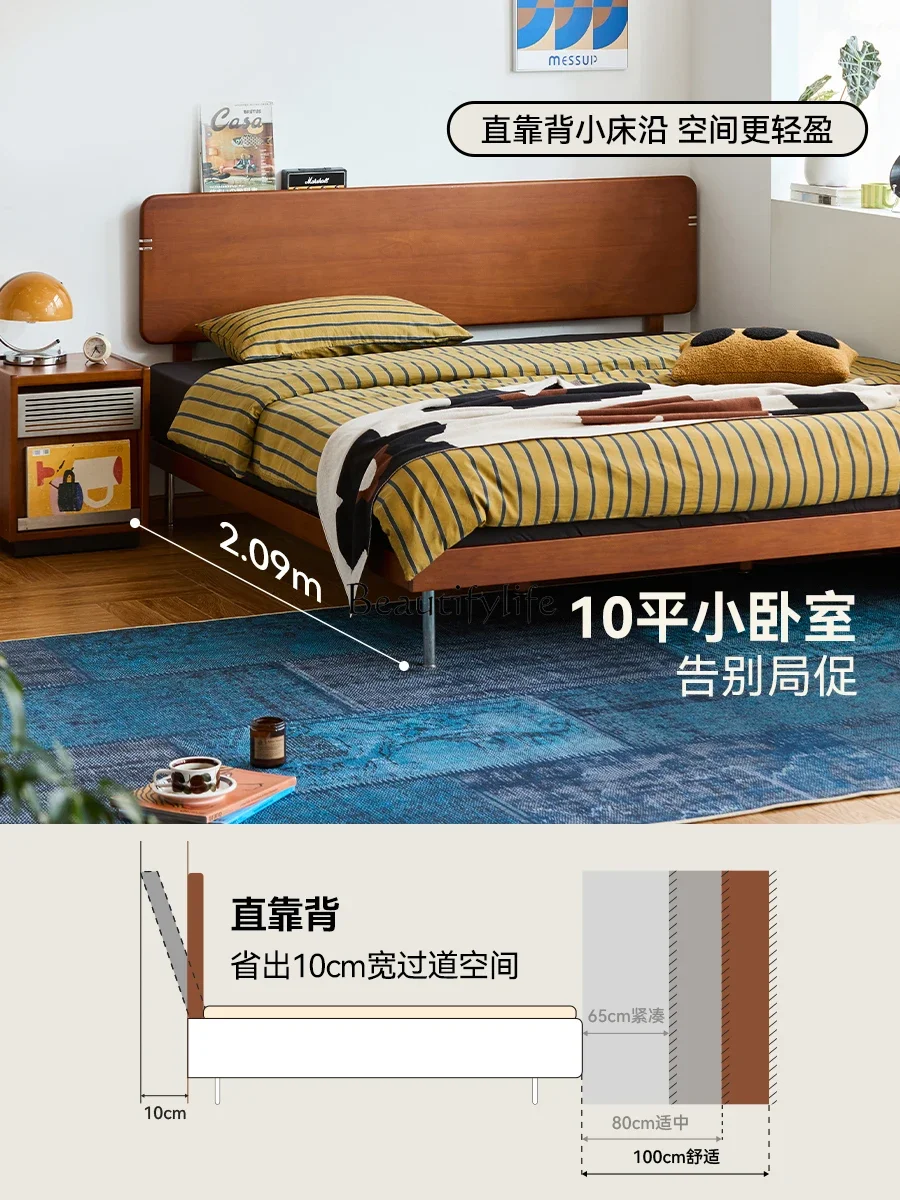 

yj19 Vintage Style Solid Wood Bed Nordic Home Retro Small Apartment Bedroom Single Bed
