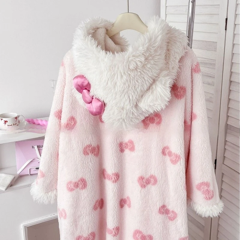 New Hot Hello Kitty Flannel Pajamas Set Women Warm Night-Robe Cartoon Nightdress Casual Home Fall Winter Thermal Loungewear