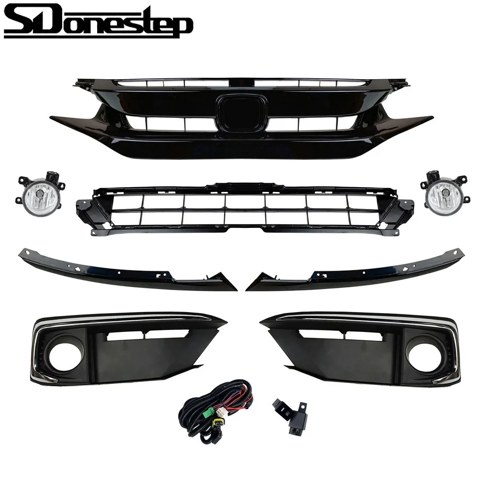 Front Upper Lower Grille and Fog Lights Kits(8 Pcs) For 2019 2020 2021 Honda Civic Sedan