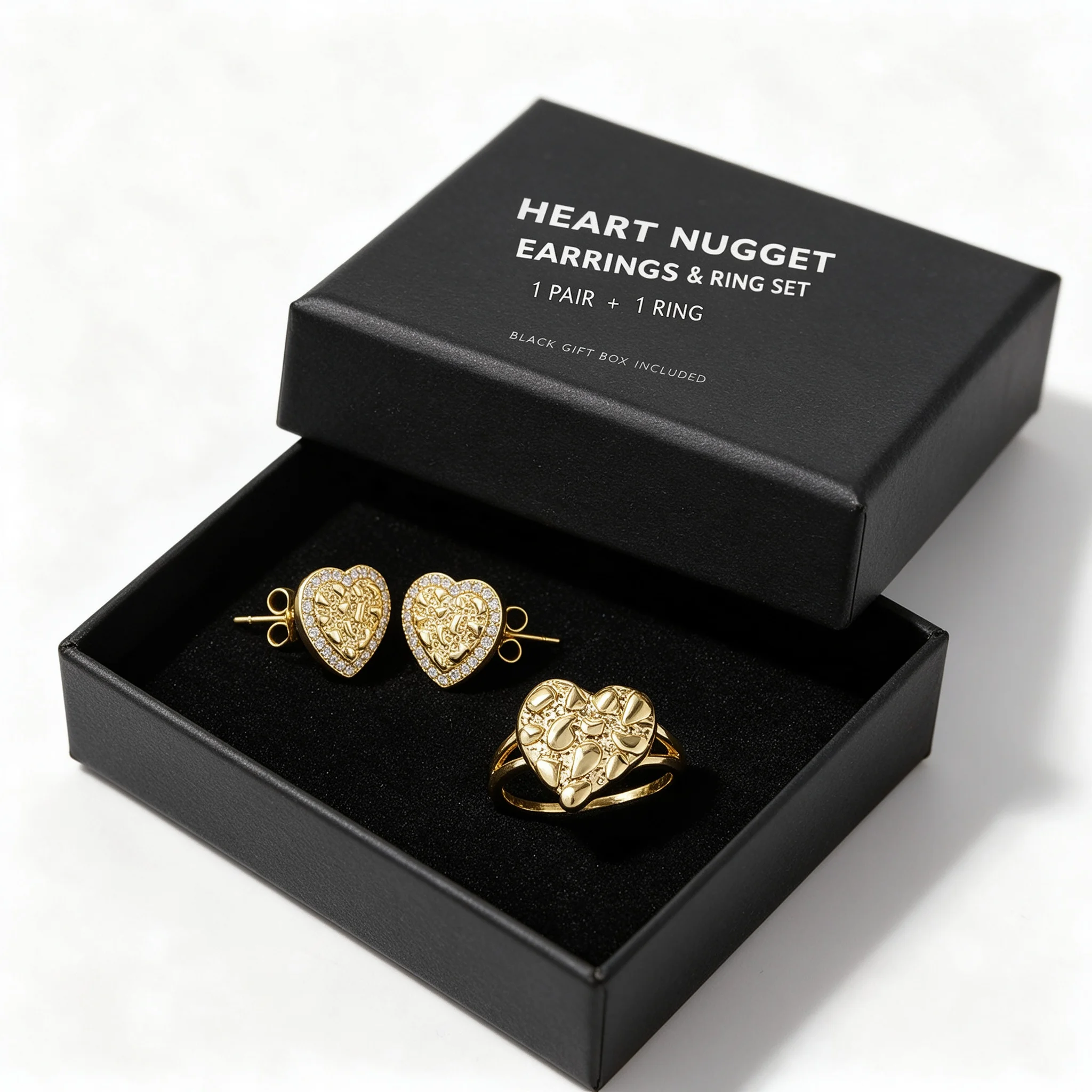 Women's 14k Gold Plated Heart Shape Nugget Earrings CZ Crystal Cubic Zircon Ring Jewelry Set Textured Rough Rap Style