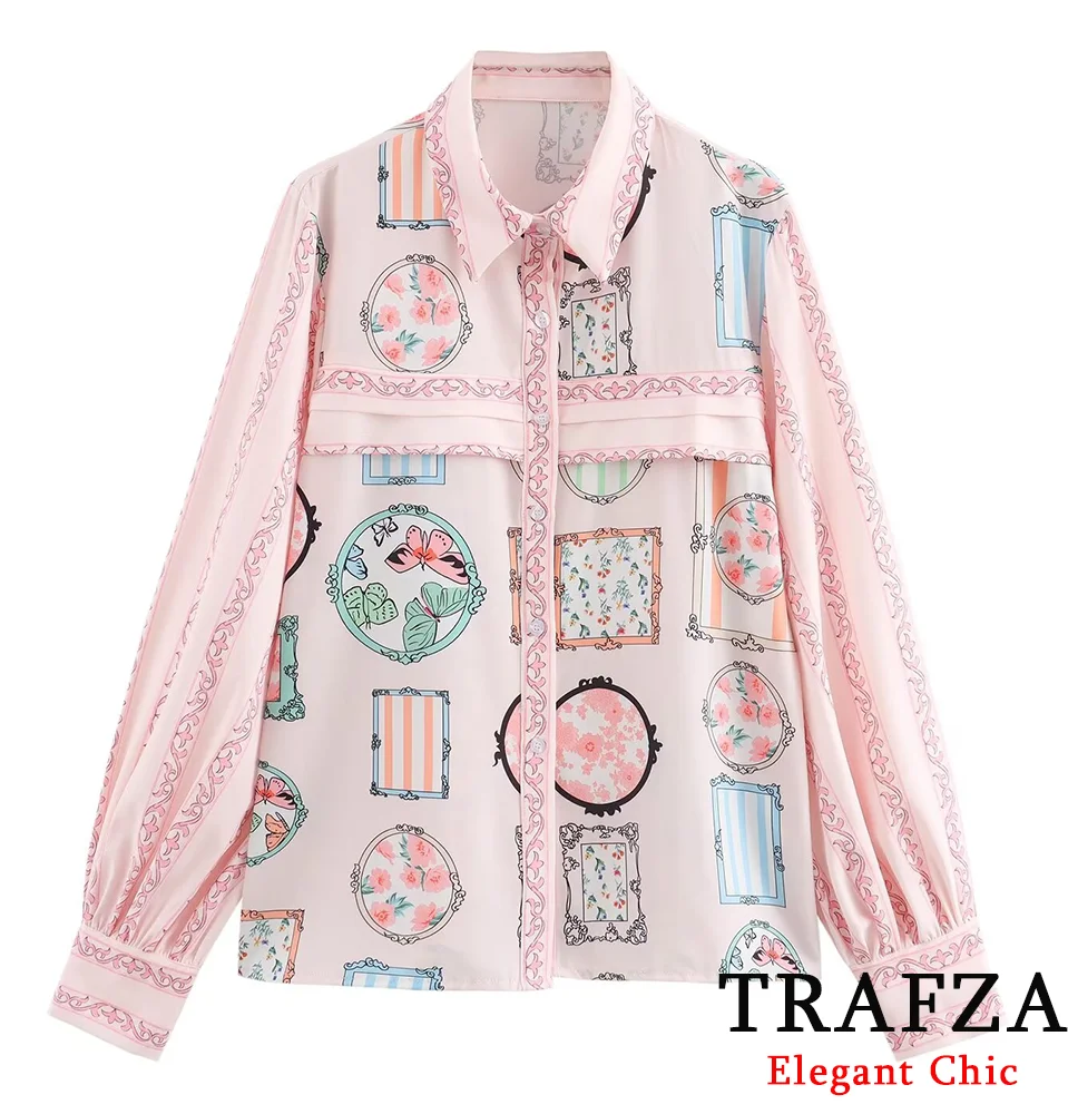 TRAFZA Sweet Graffiti Print Shirt Women\'s New 2024 Spring Autumn Fasion Holiday Date Shirts Buttons Lapel Long-Sleeved Shirt