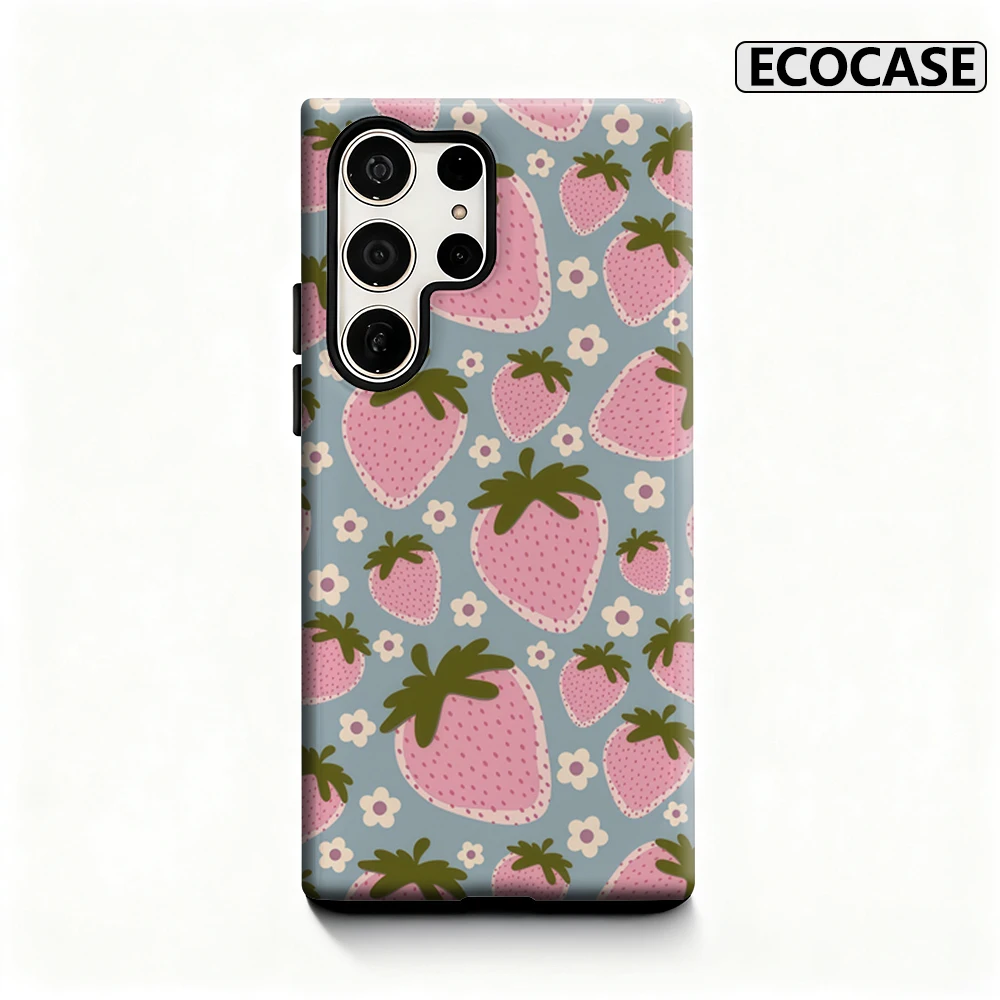 Erdbeere Floral Delight Handyhülle für Samsung Galaxy S25 Ultra S24 S23 Ultra Plus, glänzende doppellagige Rückseite