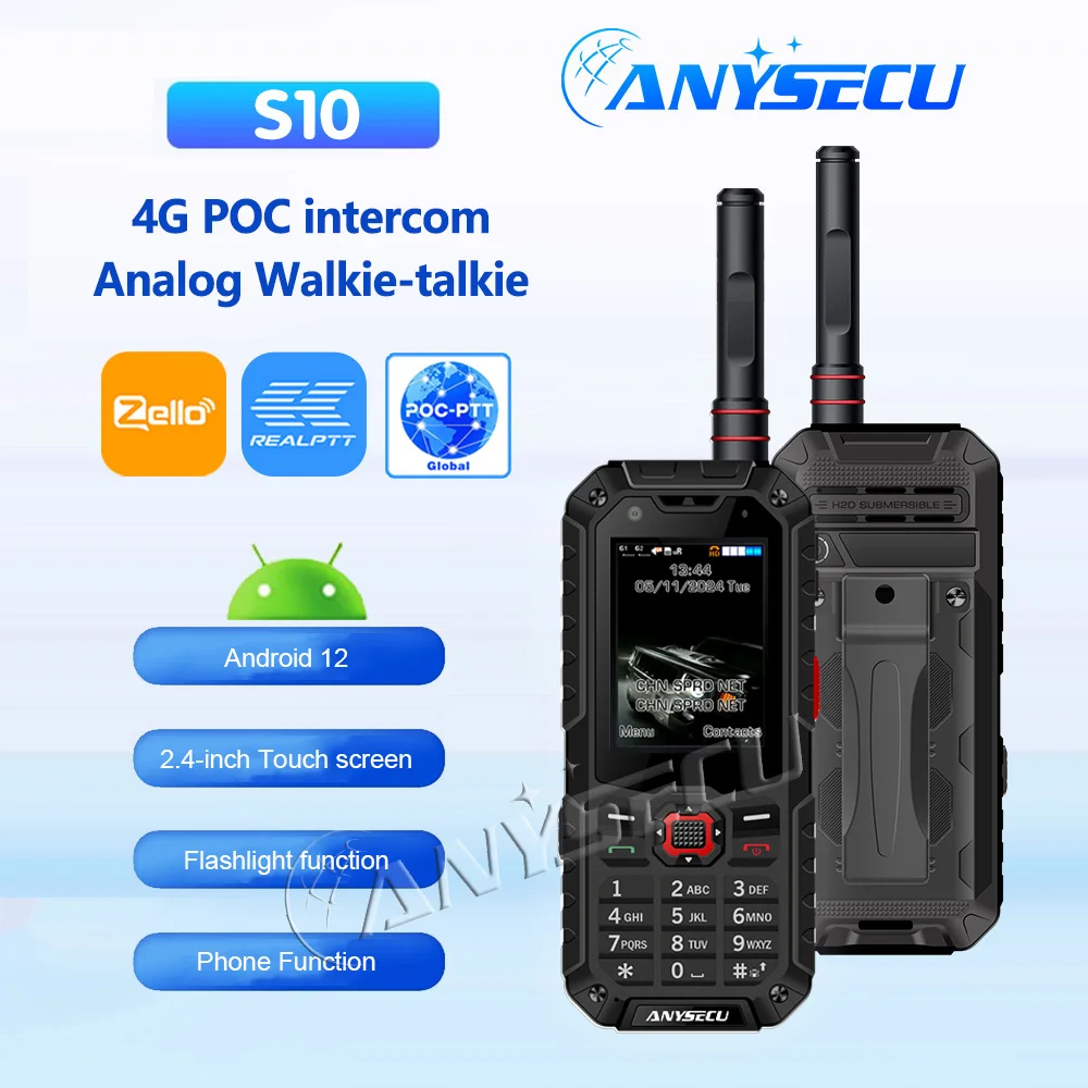 Anysecu New S10 Android 12 2W UHF 400-480Mhz Work with Zello Realptt XIN Platform S10 3500mAh Support 2+16G GPS Wifi 4G Radio