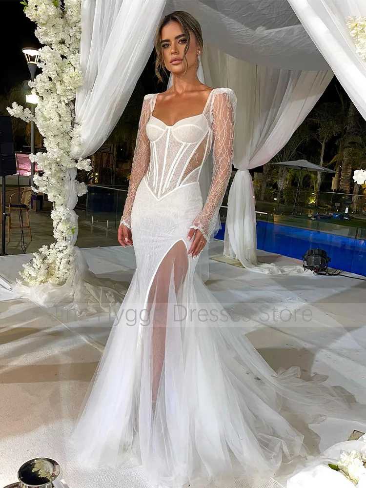 Vestido de novia de encaje para mujer, manga larga, corte sirena, vestidos de novia de verano para mujer, marfil, abertura hasta el muslo, vestidos Brial de trompeta, 2023