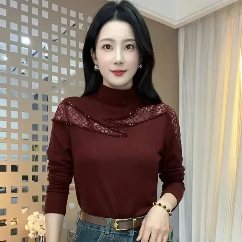 

Autumn New All Match Half High Neck Solid Color Hollow Bead Jacquard Stylish Look Long Sleeve Elegant Small Shirt