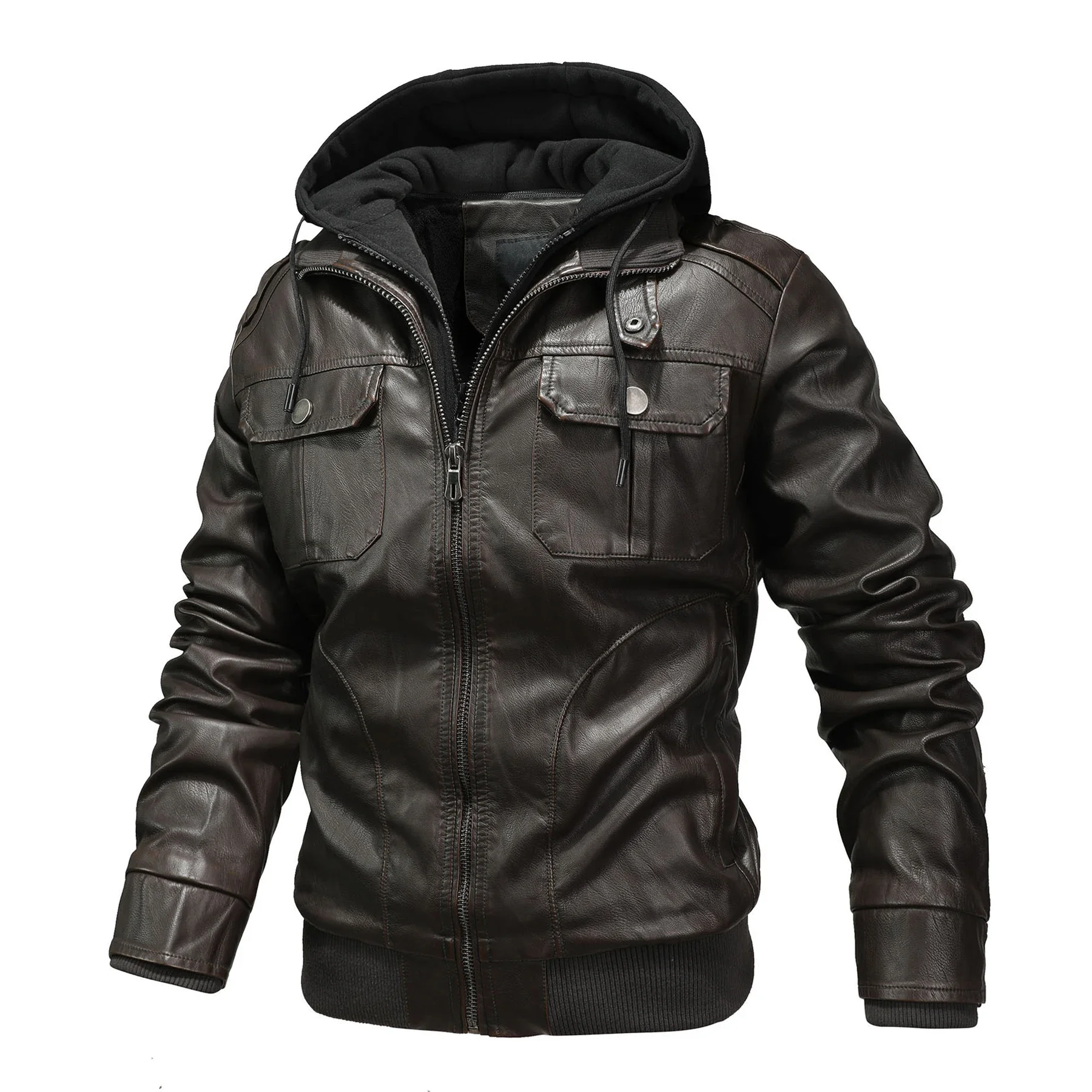 

Fleece Windbreaker Leather Motorcycle Coats Hooded Quality Leather Jacket Men Classic Stand Collar Men Outdoor Windproof Coats