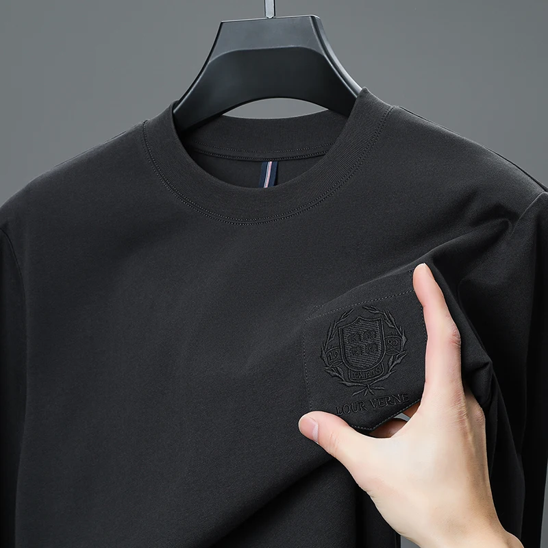 100% Cotton Designer Original Men's Long Sleeve T-Shirt Crew Neck Chest Pocket Badge Soft Breathable Casual Basic Top Men's Wear