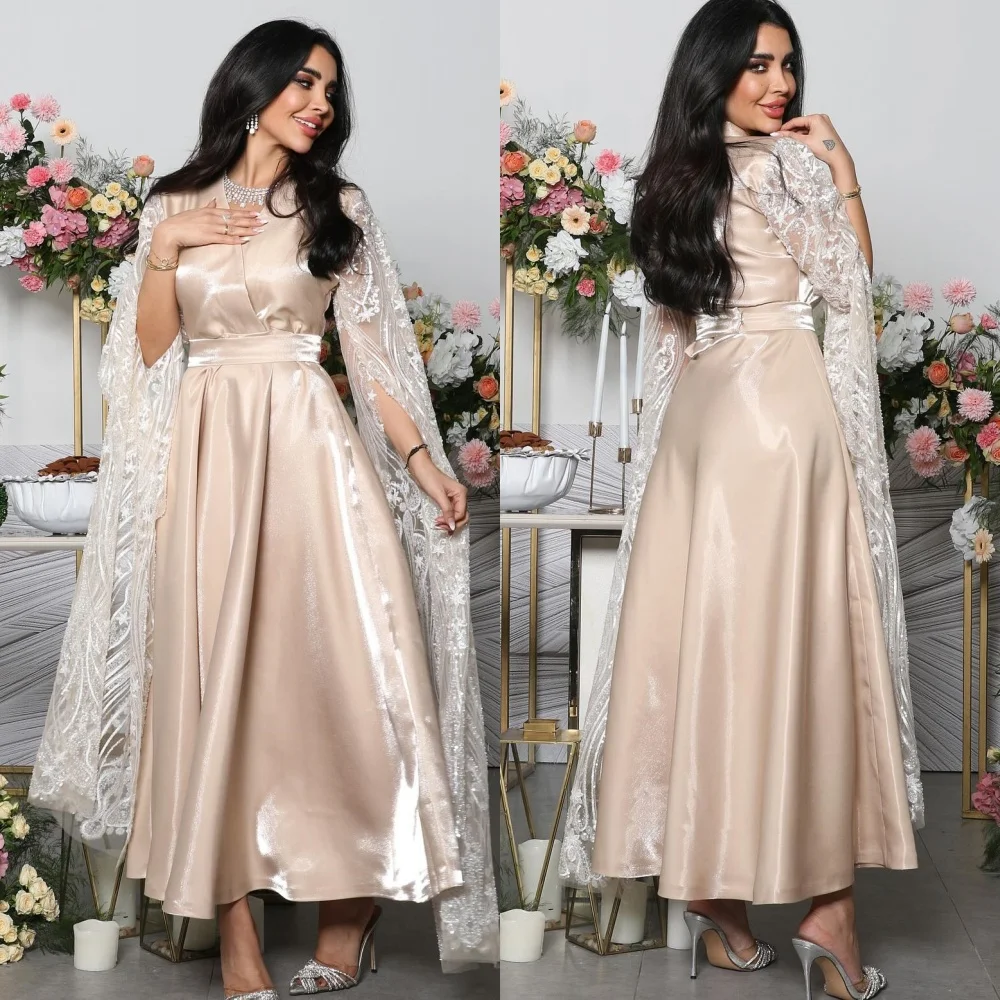 

High Quality Sparkle Exquisite Satin Sequined Applique Beading Ruched Evening A-line V-neck Bespoke Occasion Gown Midi Dresses