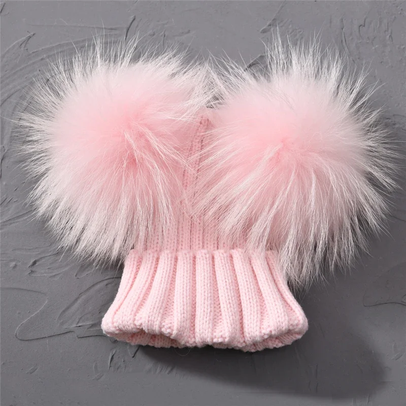 Jxwatcher Winter Double Real Fur Pom Pom Hat for Children Baby Knit Hats With Two Fur Pompoms Boys Girls High Quality Beanie Cap