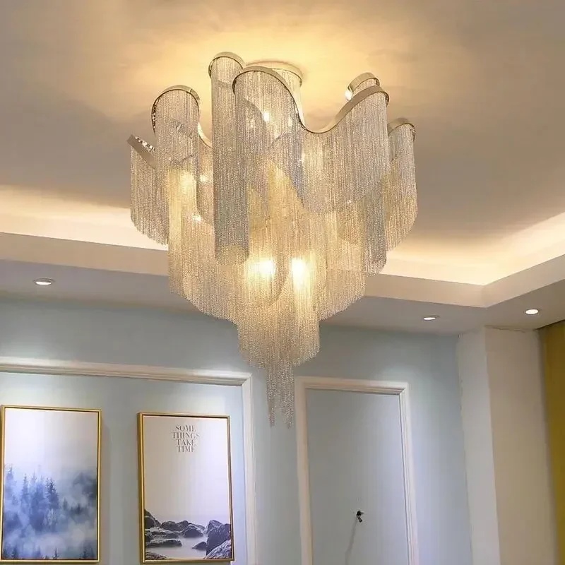 

2025 Modern LED Flower Tassels Ceiling Chandeliers Living Room Hall Staircase Large Hanging Light Duplex Building Villa Pendant