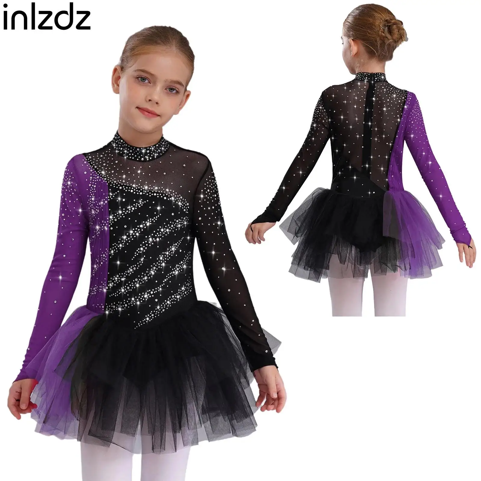 

Child Girls Fancy Figure Skating Dance Dresses Stage Performance Costume Long Sleeves Sparkling Rhinestones Color Block Dresses