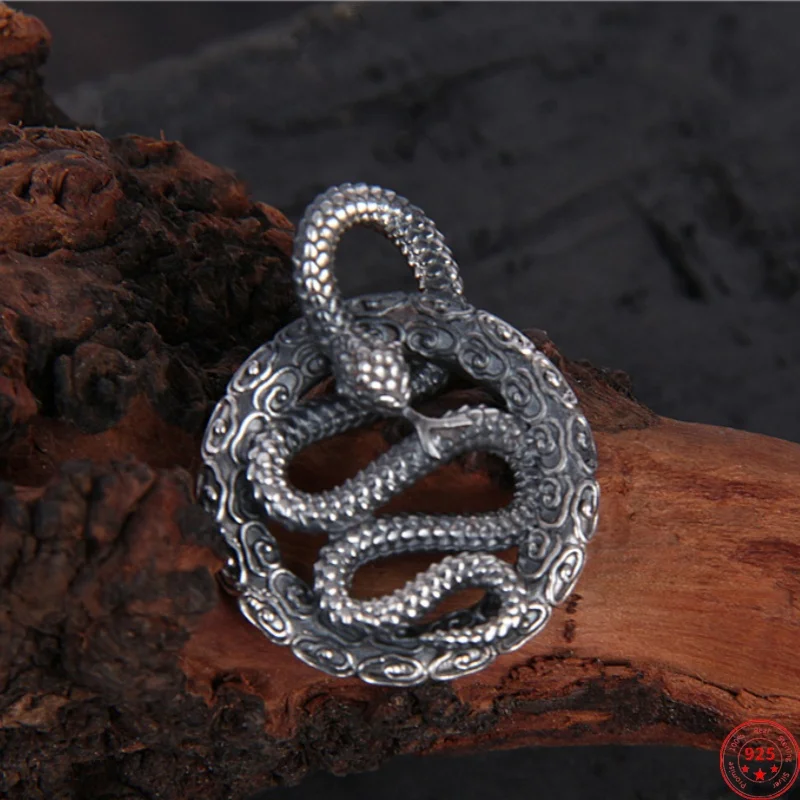 BOCAI S925 Sterling Silver Charms Pendants for Men Women Zodiac Years Spiral Spirit Snake Retro Jewelry Wholesale