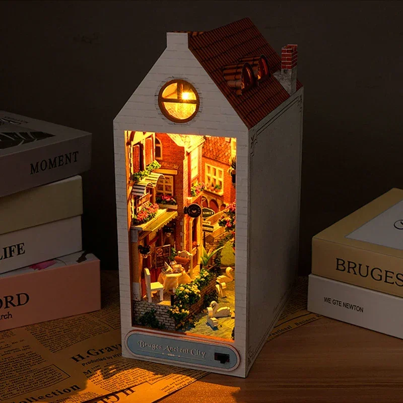 

Retro DIY Wooden Book Nook Shelf Insert Miniature Kits Bruges Ancient City Bookshelf Home Decoration For Adult Handmade Gifts