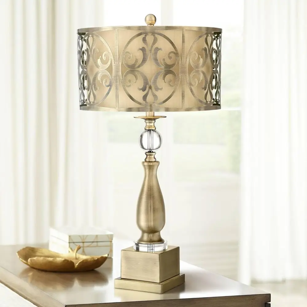 

Traditional 30.5 Table Lamp with USB Dimmer, Tall Brass Candlestick, Double Drum Shade for Bedroom, Living Room, Home, Nightstan