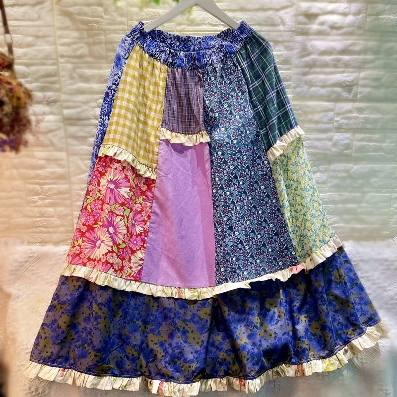 

Vintage Cotton Spliced Patchwork Layered Ruffled Swing Long Skirt Mori Girl Vacation Bali Bohemian Boho Gypsy Hippie Ibiza Skirt