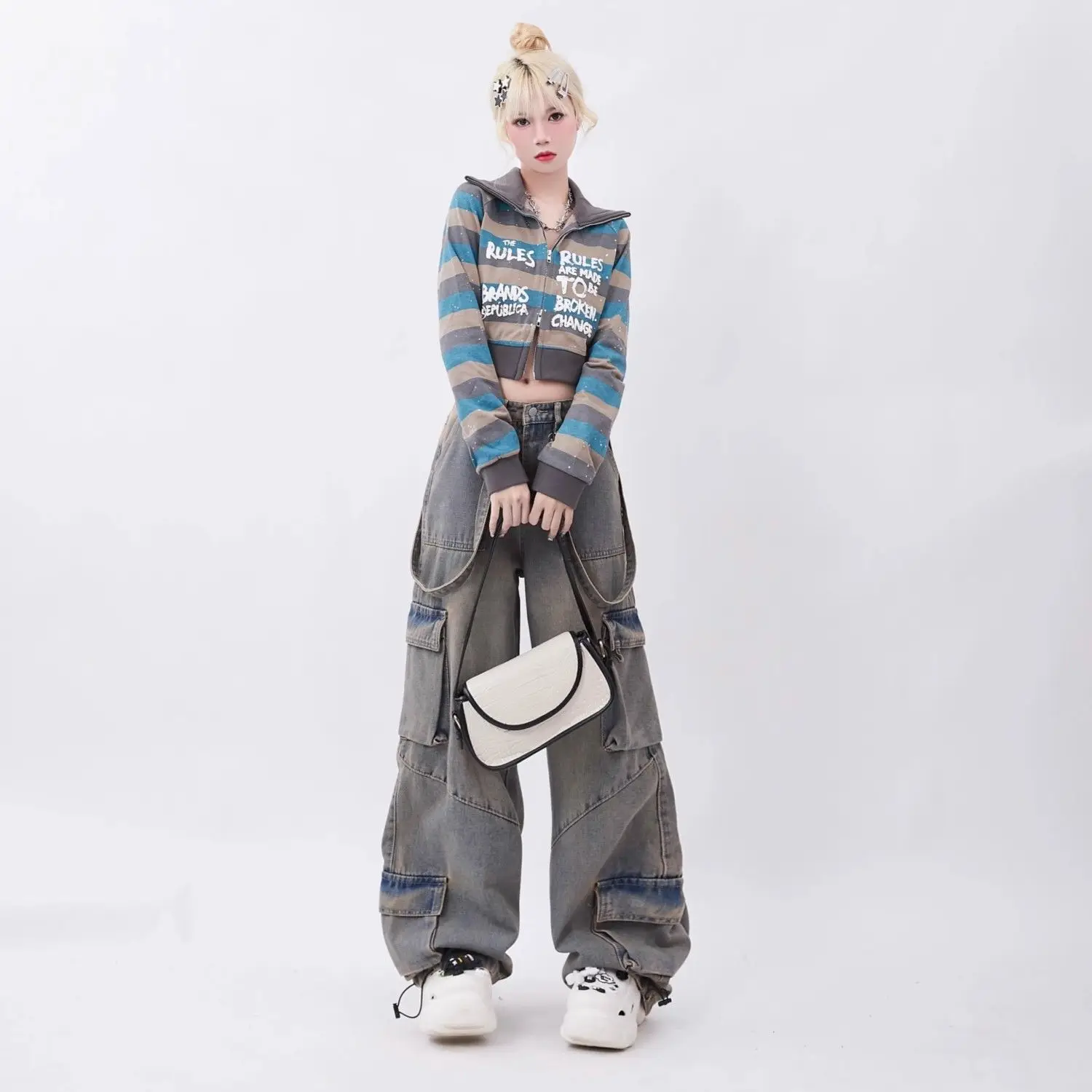 Retro Workwear Old Multi-Pocket Jeans Women Spring Summer New Niche Design High Waist Casual Versatile Straight Floor Trousers
