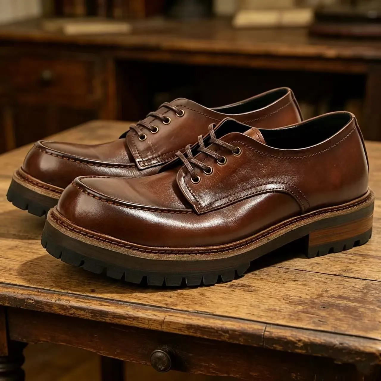 

Vintage Low-Top Work Shoes with Lace-Up Design Thick Bottom Heightening Retro Casual Men's Shoes Versatile Commuting Shoes