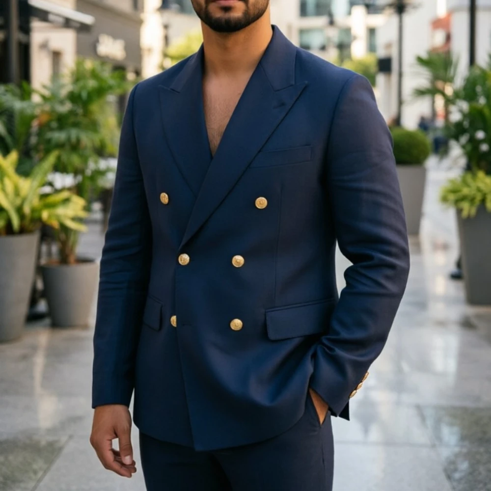 Pink Double Breasted Men Suits Wedding Tuxedo Men Chic Gold Metal Button Stylish Slim Fit Blazer with Pants 2 Pieces Custom Made