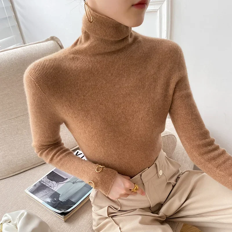 Turtleneck Sweater Women 2024 New Autumn And Winter Slim-fit Pullover Pile Collar Woolen Knitted Bottoming Shirt