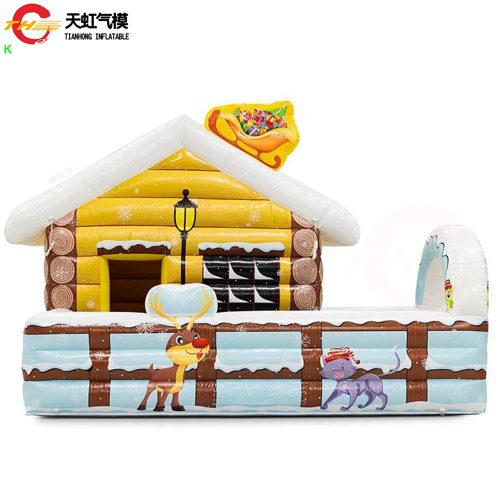 2025 Nuovo design Gonfiabile Casa di Natale 5x4m/7x5m Gonda di Babbo Natale gonfiabile con recinzione da giardino