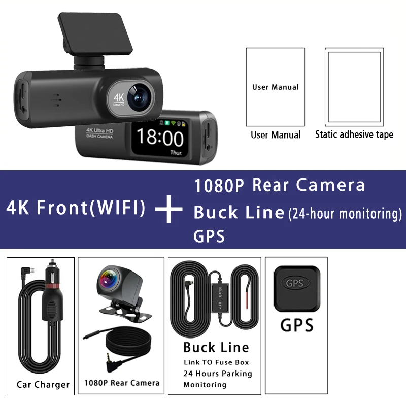 Dash Cam 4K 3840*2160P GPS WIFI Auto DVR Voor en Achter Dual Lens Auto Camera met Nachtzicht Dashcam 24H Parkeermonitor