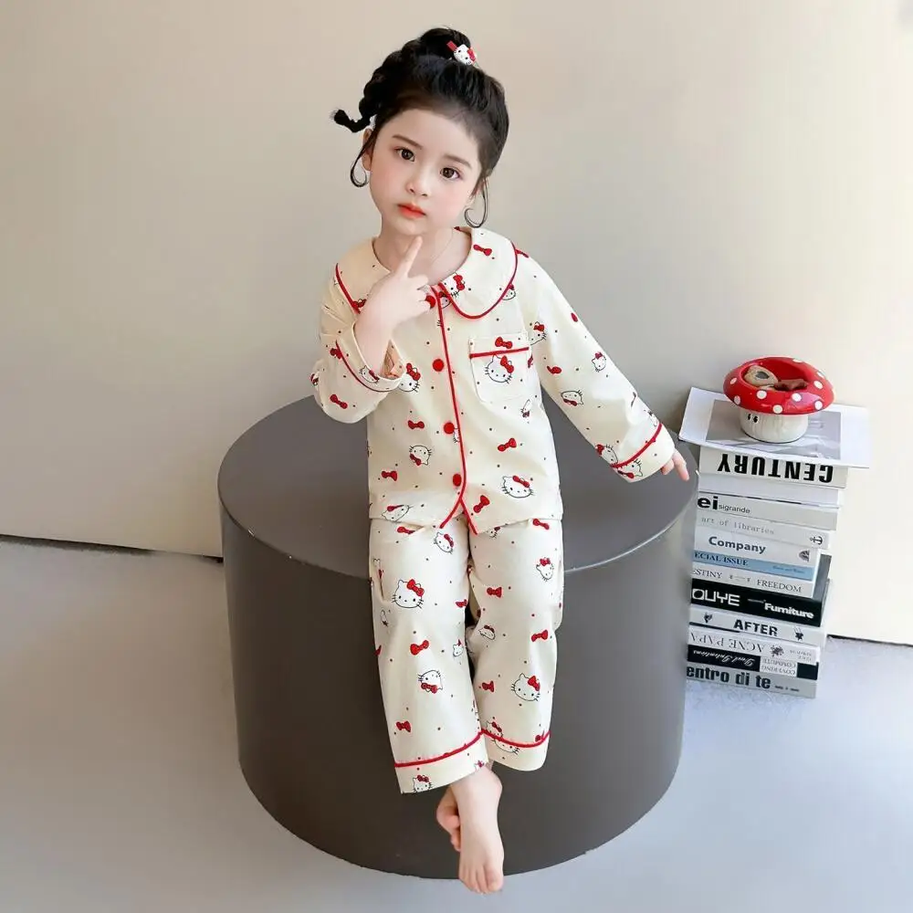 

Пижамы Sanrio Hello Kitty, детские хлопковые пижамы для девочек на весну и осень, домашняя одежда в стиле принцессы, одежда для сна с героями мультфильмов, брючный костюм