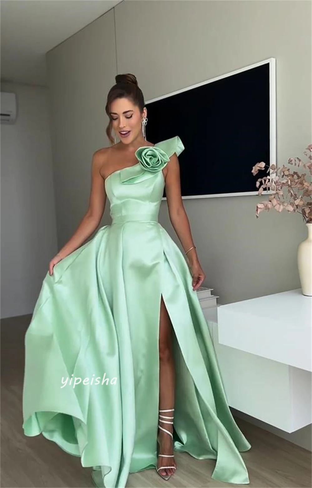 Galajurk Saudi Arabië Klassiek Moderne Stijl Formele Avond One-Shoulder Baljurk Bloemen Satijn Op Maat Gemaakte Gelegenheidsjurken