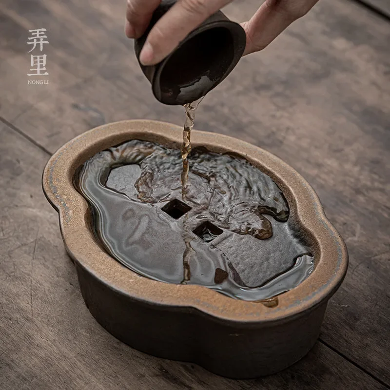 Gilding Stoneware Pot Tray Water Storage Small Ceramic Tea Tray Layered Tea Table Vintage Iron Glaze Ingot Kung Fu