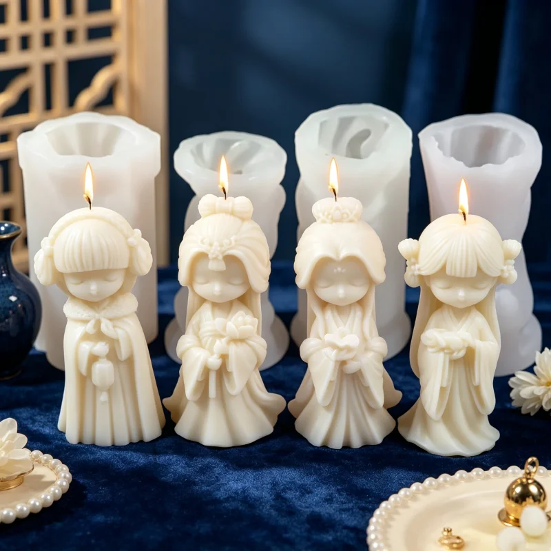 3D Chinese Princess Silicone Candle Mold, 4 Styles Asian Beauty Hanfu Dress Wax Mould for DIY Soap Resin Plaster Home Decor Gift
