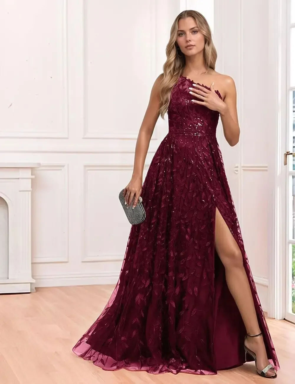 Lace Embroidered Sequins Prom Dresses for Women One Shoulder Formal Party Dress Sleeveless Maxi Evening Gown with Slit