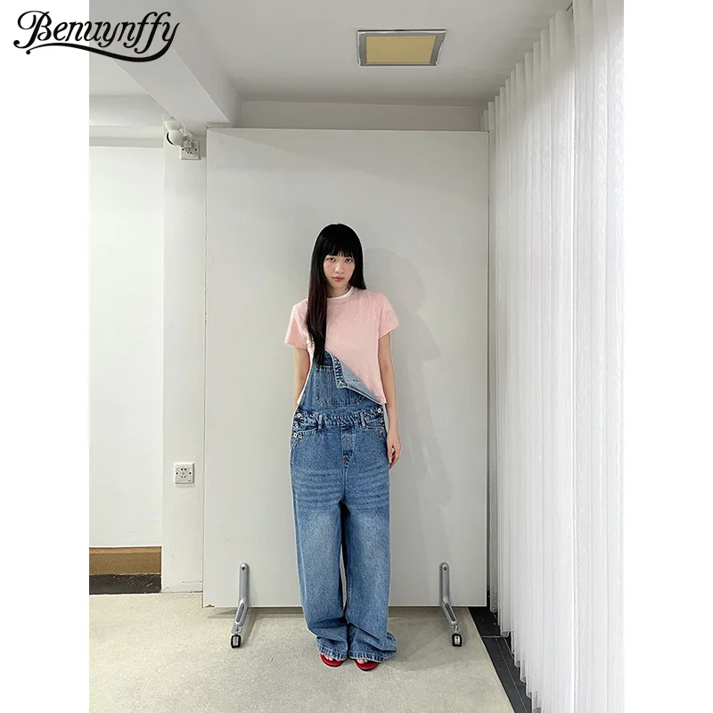 Benuynffy Vintage Front Pocket Loose Denim Overall Jumpsuit Women 2026 Summer New Streetwear Casual Female Straight Leg Jeans