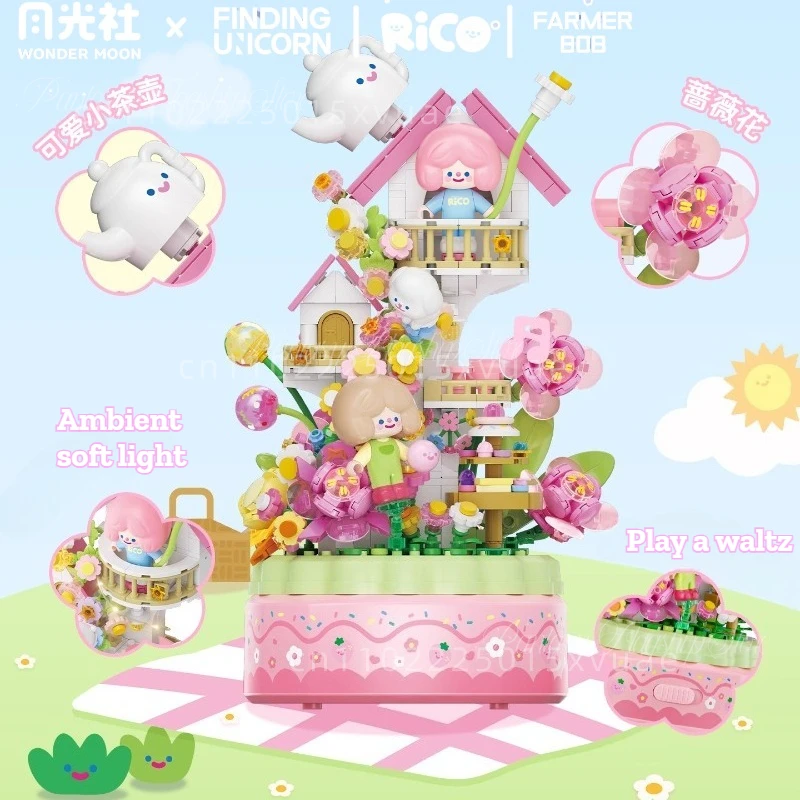 RiCO i FARMER BOB Klocki Konstrukcyjne Szukająca Jednorożca Pozytywka Model do Składania Zabawka DIY Prezent Świąteczny dla Dzieci Dekoracja
