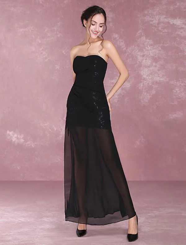 2022 Strapless Black Chiffon Dresses For Bridesmaid Beach Woman Ceremony Wedding sage Dress Wedding With Sequins Maid Of Honor