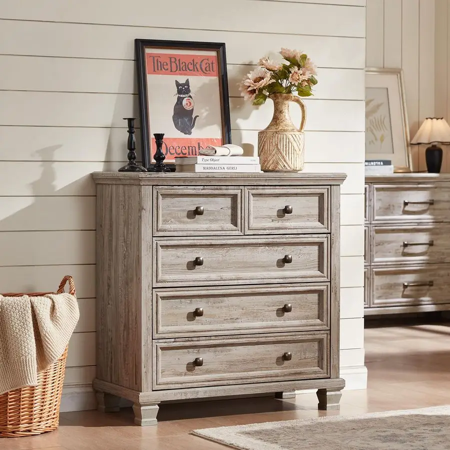 寝室用5段引き出し付きドレッサー、高さ33インチのヴィンテージ木製チェスト、素朴な小さなドレッサー、正方形の木製脚付き、ミッドセンチュリー