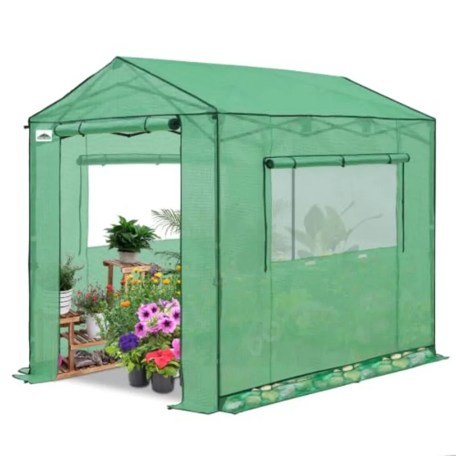 8x6 Portable Pop Up Greenhouse for outdoor gardening, green polyethylene fabric, patented center lock for easy one-person setup