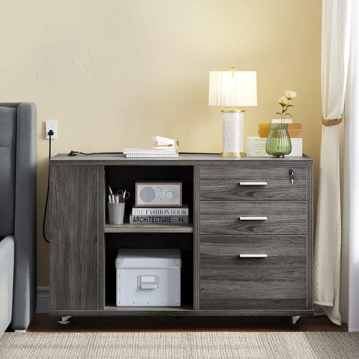 File Cabinet With Charging Station, Mobile Lateral Filing Cabinet With Lock For Home Office