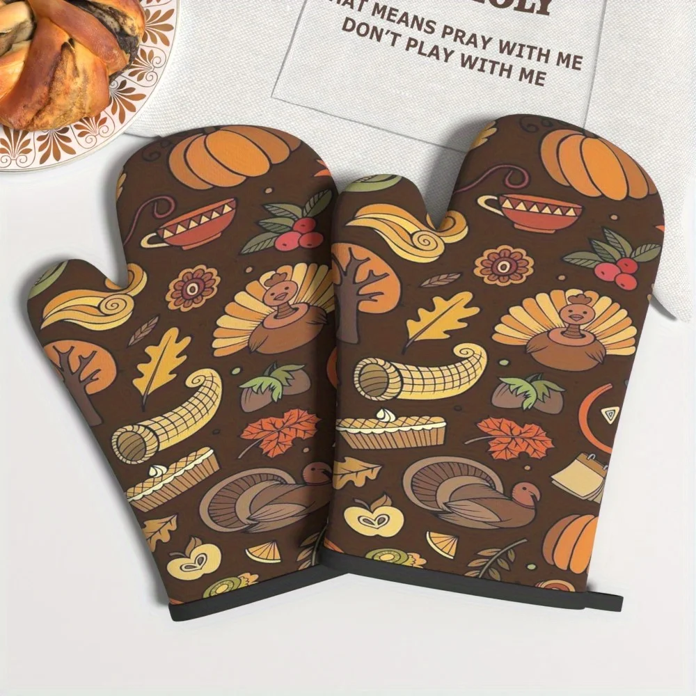 2pcs Heat Resistant Kitchen Oven Gloves Brown Fall Turkey Oven Mitts Suitable for Kitchen Decoration, Barbecue, Microwave