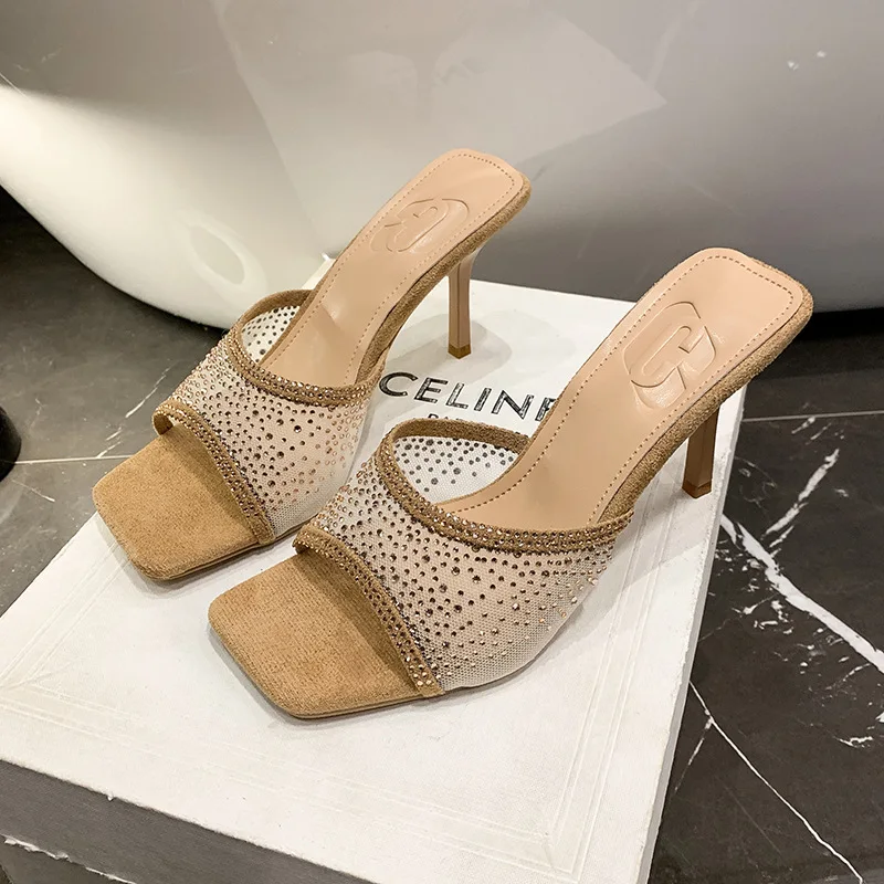 

2025 Summer New Square Gauze Rhinestone High Heel Women's Shoes Elegant All-match Thin Heel Sandals