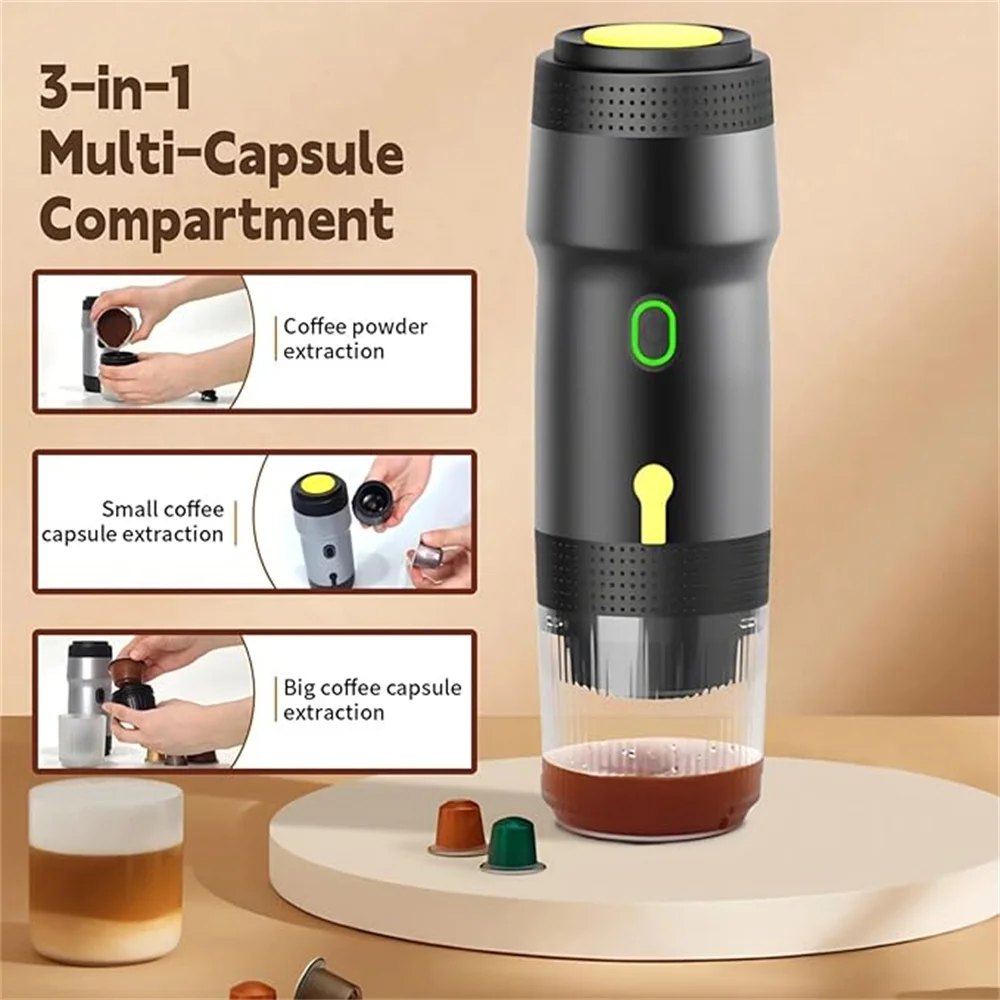 Portable Electric Espresso Cafe Machine, Outdoor Travel Car Coffee Maker Self-Heating with USB-C, Suit Ground Coffee & Capsule