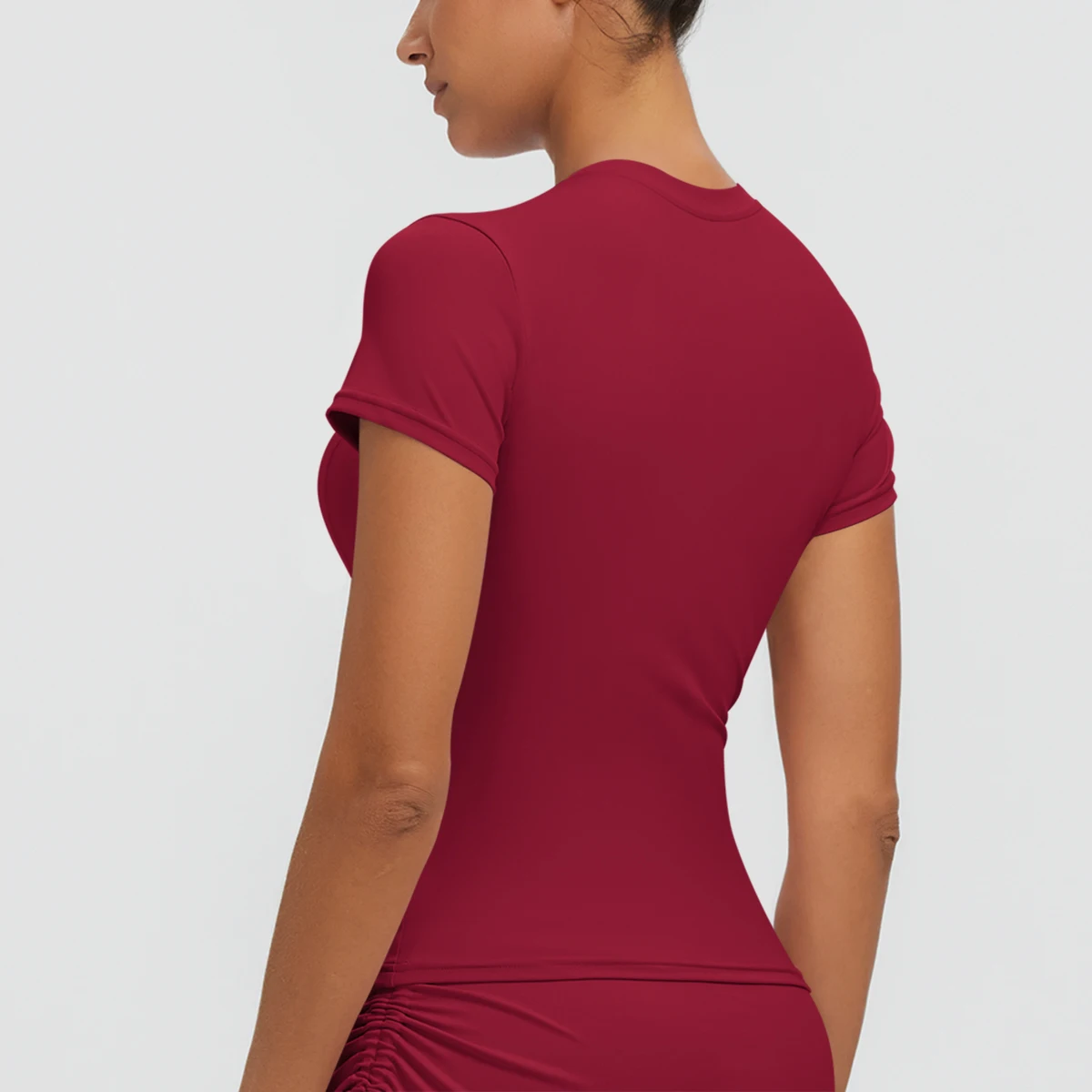 Neues Damen Sommer Yoga Kurzarm T-Shirt Lauf- und Radsport Einfarbiges Schnelltrocknendes Workout-Oberteil Enganliegend Atmungsaktive Yoga-Kleidung – Detail 11