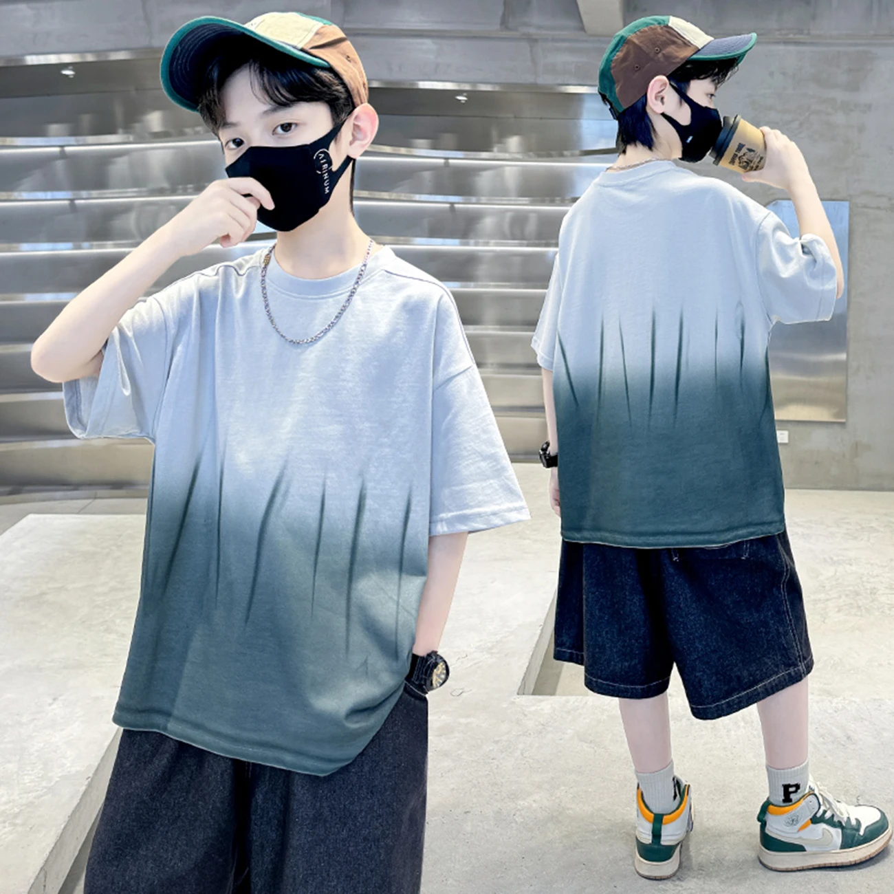 Boys Teen Short Sleeve Gradient T-Shirt Thin Summer Casual Loose Fit Children's Wear Breathable round Neck Pullover for Kids