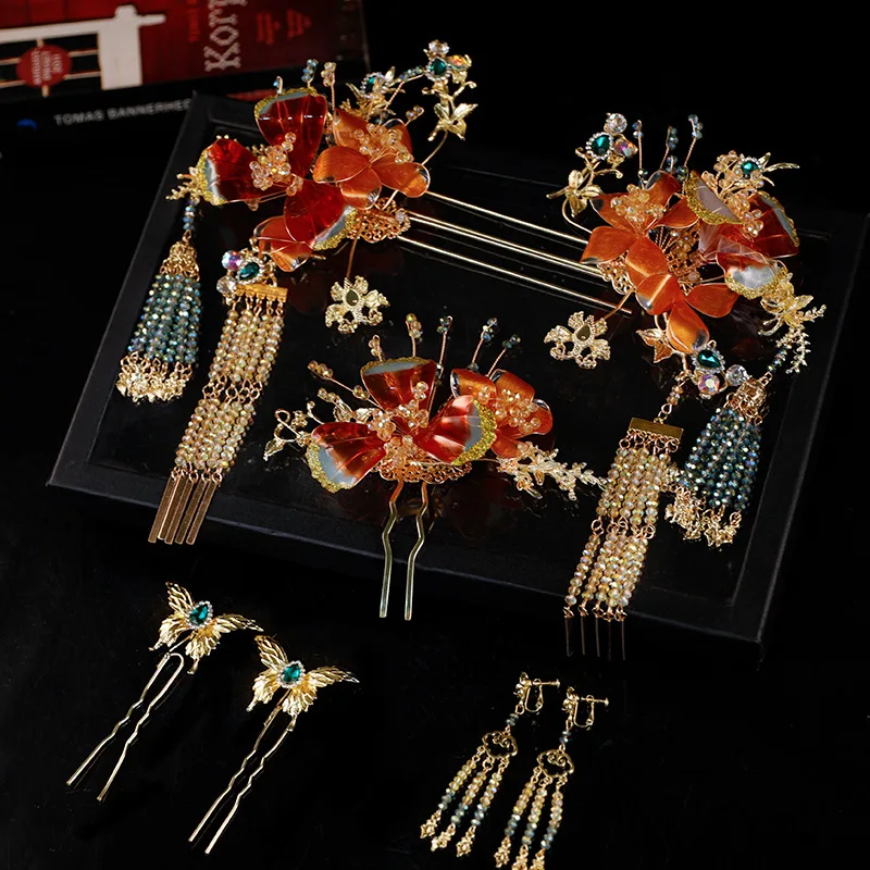 Xiuhe غطاء الرأس غطاء الرأس الزفاف جديد الصينية الكلاسيكية الأحمر المياه التخثر زهرة إكسسوارات الشعر دعوى وثوب الزفاف