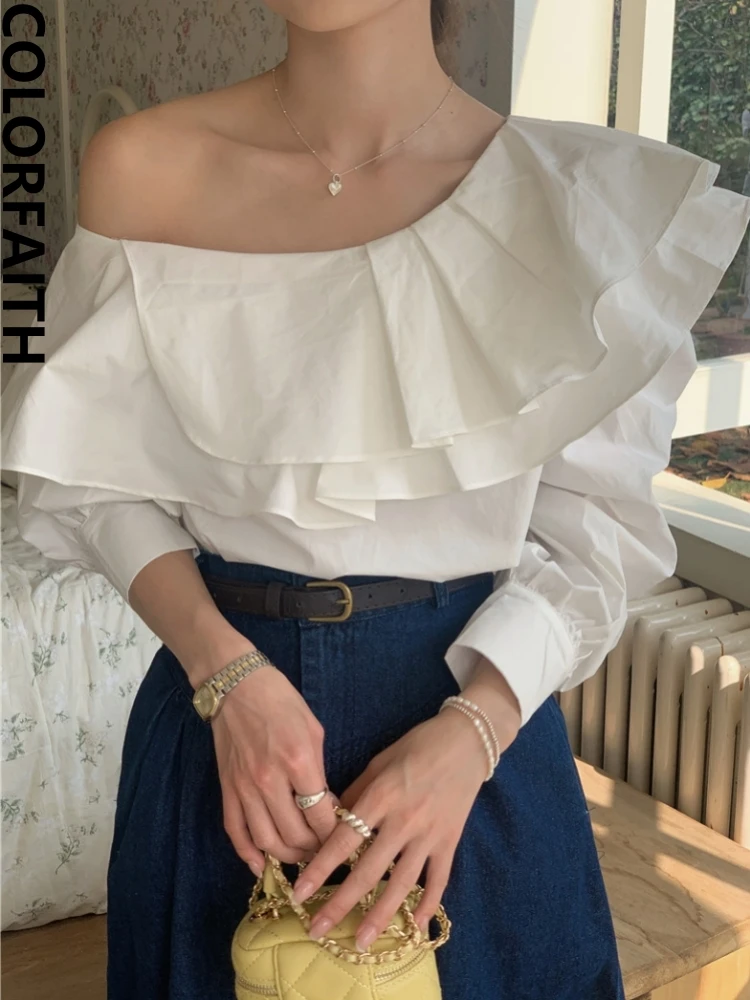 Colorfaith BL9893 New 2023 Skew Collar Shirts Ruffle Vintage Off Shoulder French Style Elegant Women Spring Summer Blouses Tops