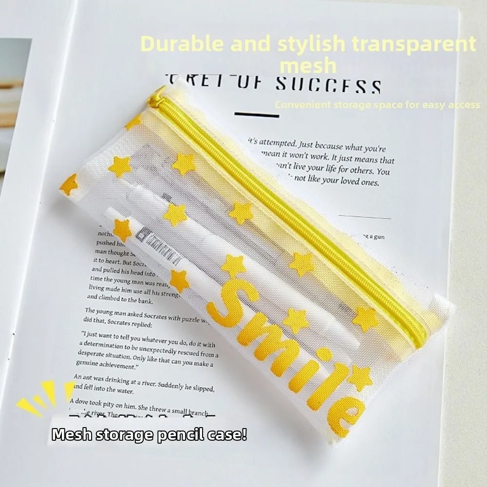 New Transparent Mesh Pen Bag Star Print Lightweight Makeup Brush Case Portable Zipper Cosmetic Bags Travel Accessories