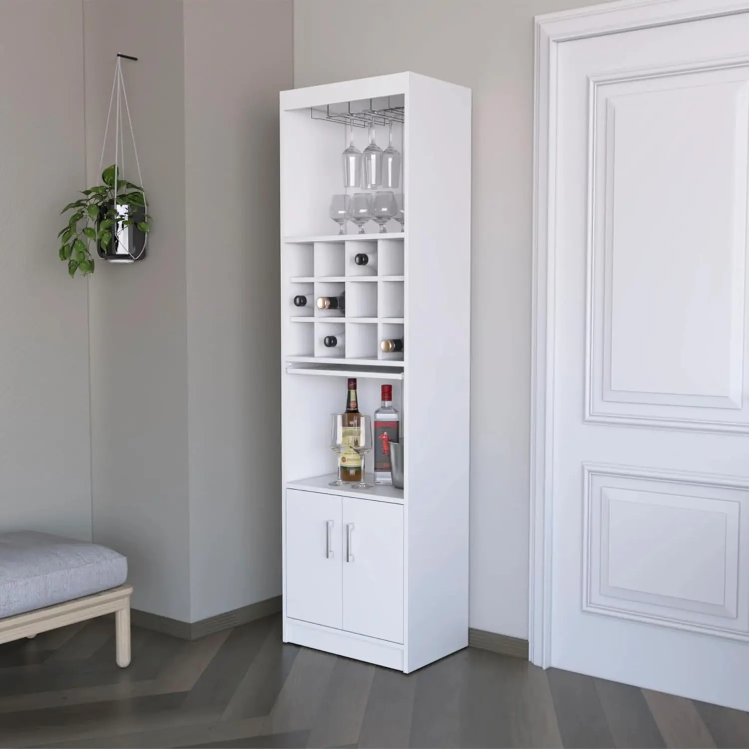 White Bar Cabinet with Wine Rack, 71.1in Tall 15 Shelves 2 Doors Narrow 20x13.3in Wood Home Kitchen, Customized