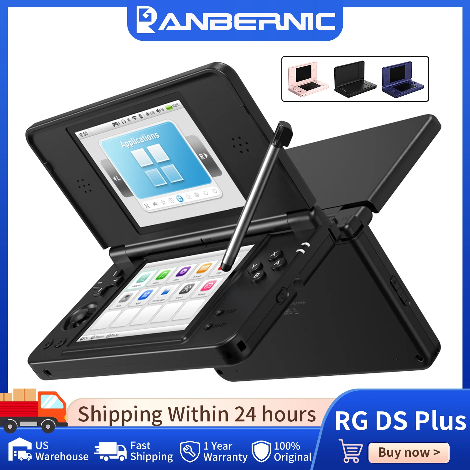 Anbernic RG DS Plus Retro Handheld Game Console 4.3 Inch IPS HD Dual Screen RK3568 Linux 4000mAh Built-in Capacitive Stylus RGDS Plus Portable Games Player Supports Online Multi-player Gifts