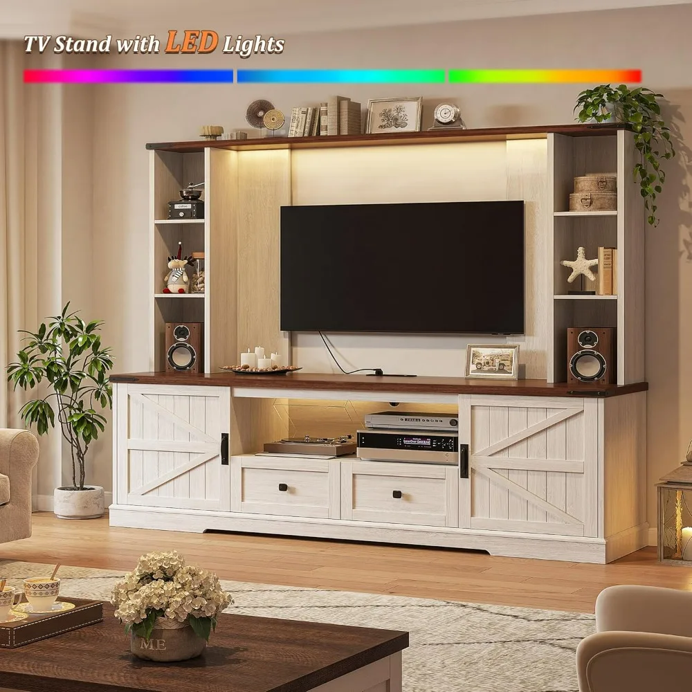 مركز ترفيه كبير مثبت على الحائط على طراز المزرعة مع إضاءة LED ومنافذ طاقة لـ 60 تلفزيونًا #3