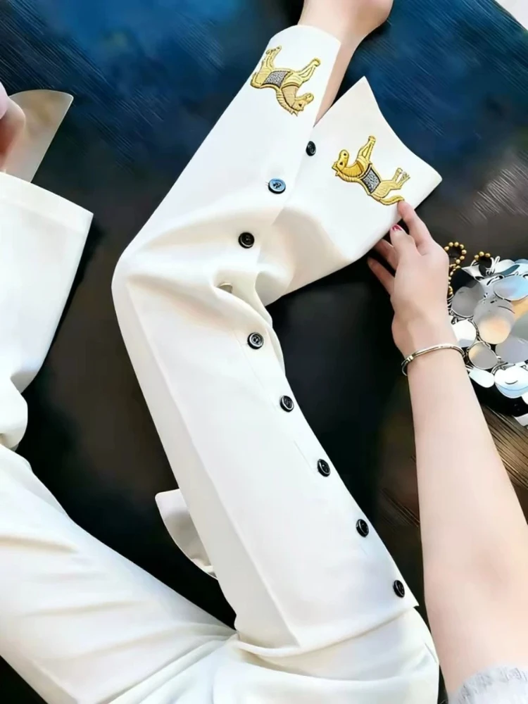Boutique White Trousers Heavy Slits Pony Embroidery Patchwork Tailored Summer New Chic Modern Return Straight Buttons Slacks