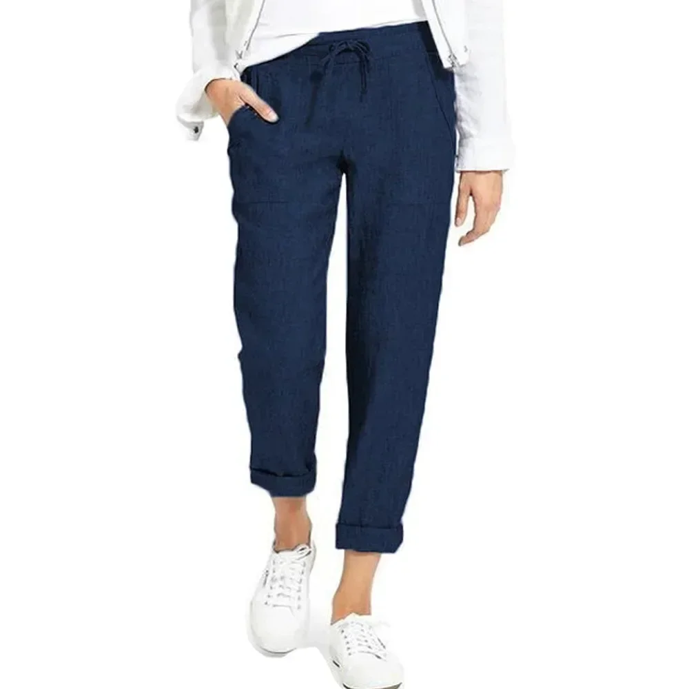 

2025 Summer Cotton Linen Women's Pants Black Lace Up Pockets High Waist Casual Pants Spring Female Fashion Office Ladies Bottom