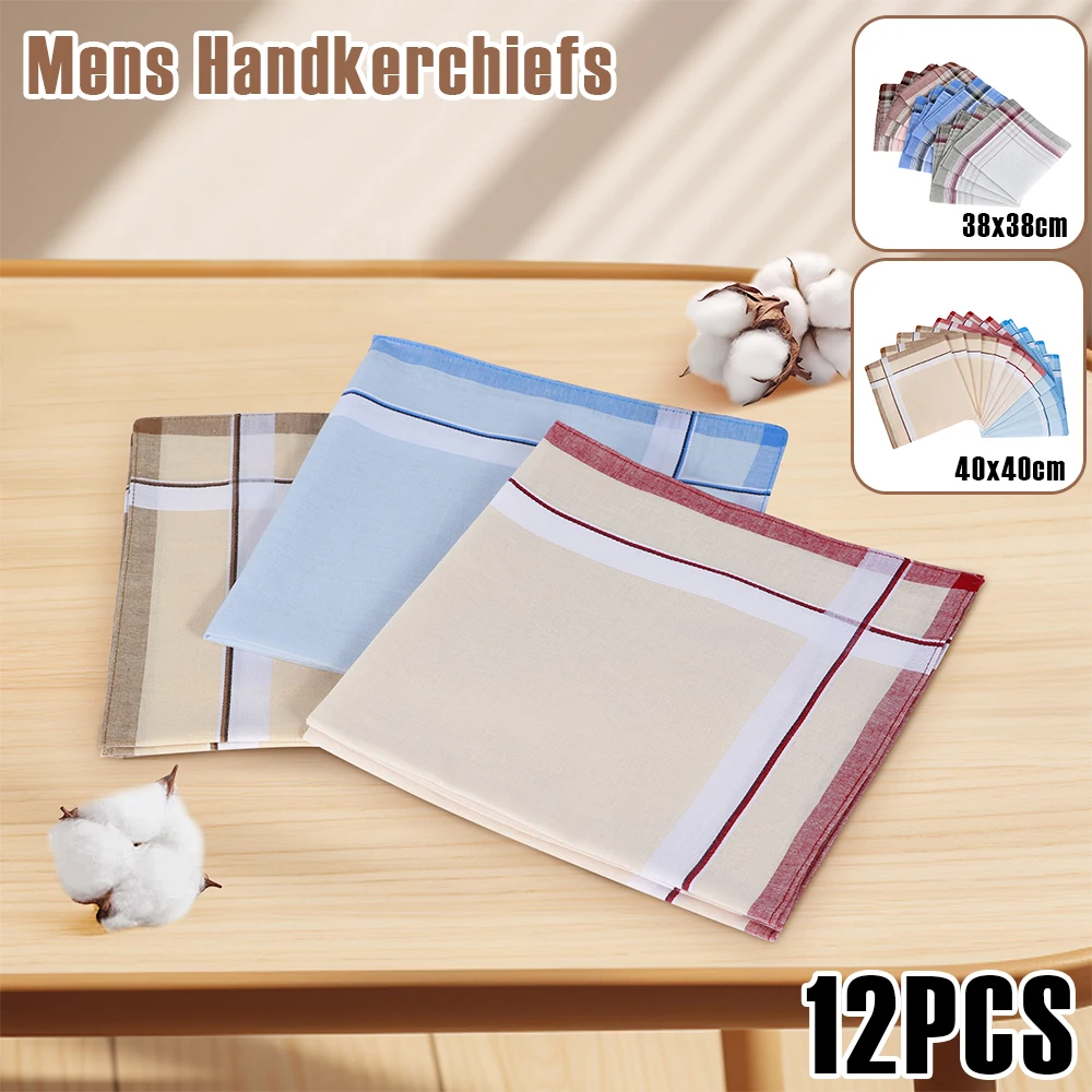 12Pcs Mens Handkerchiefs Cotton Square Plaid Hankies with 3 Styles Reusable Washable Pocket Handkerchiefs for Men Women Party